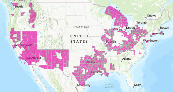 Map of areas qualifying as energy communities based on employment